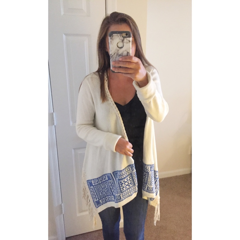Blue & Cream Fringe Boho Cardigan - Picture 2 of 5